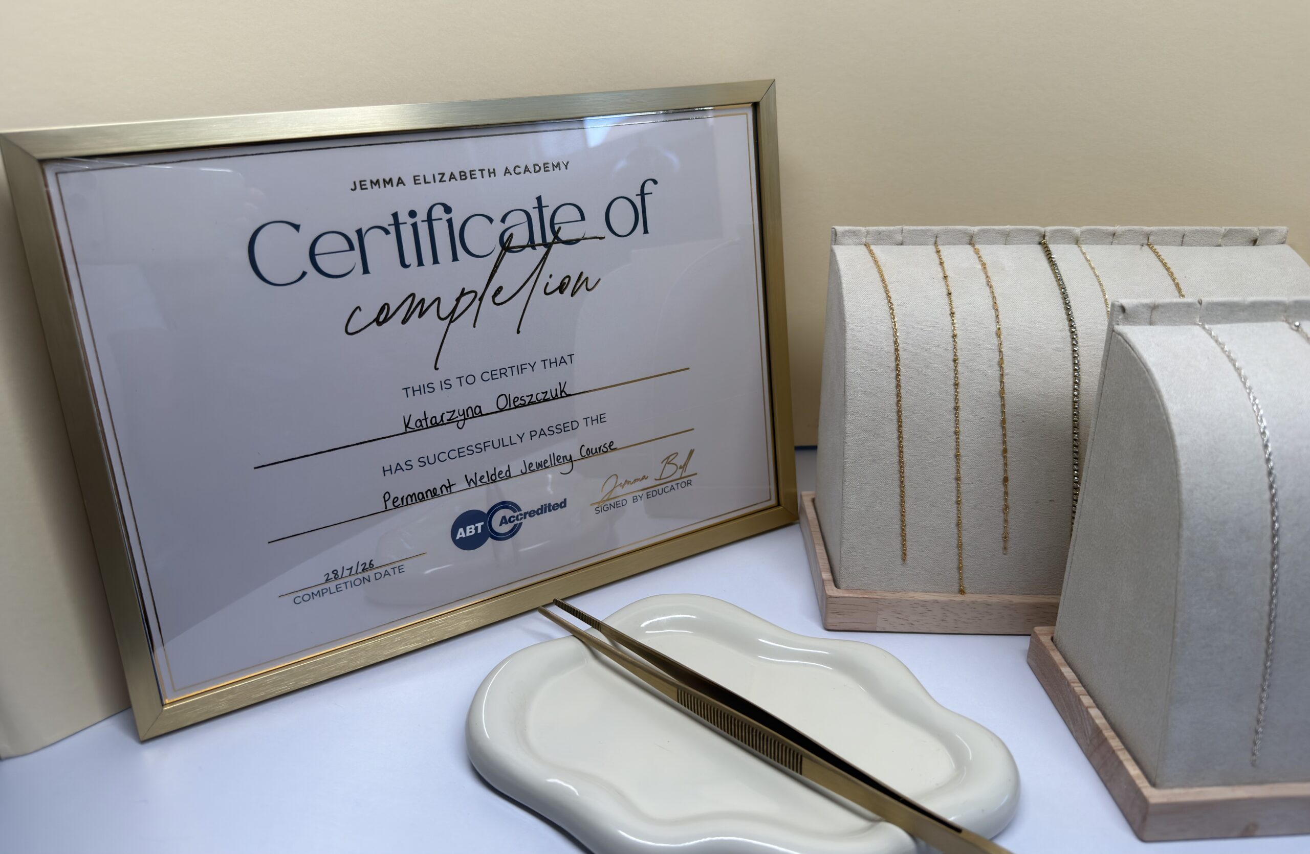 Kasia's Permanent Welded Jewellery certificate from Jemma Elizabeth Academy, ABT Accredited
