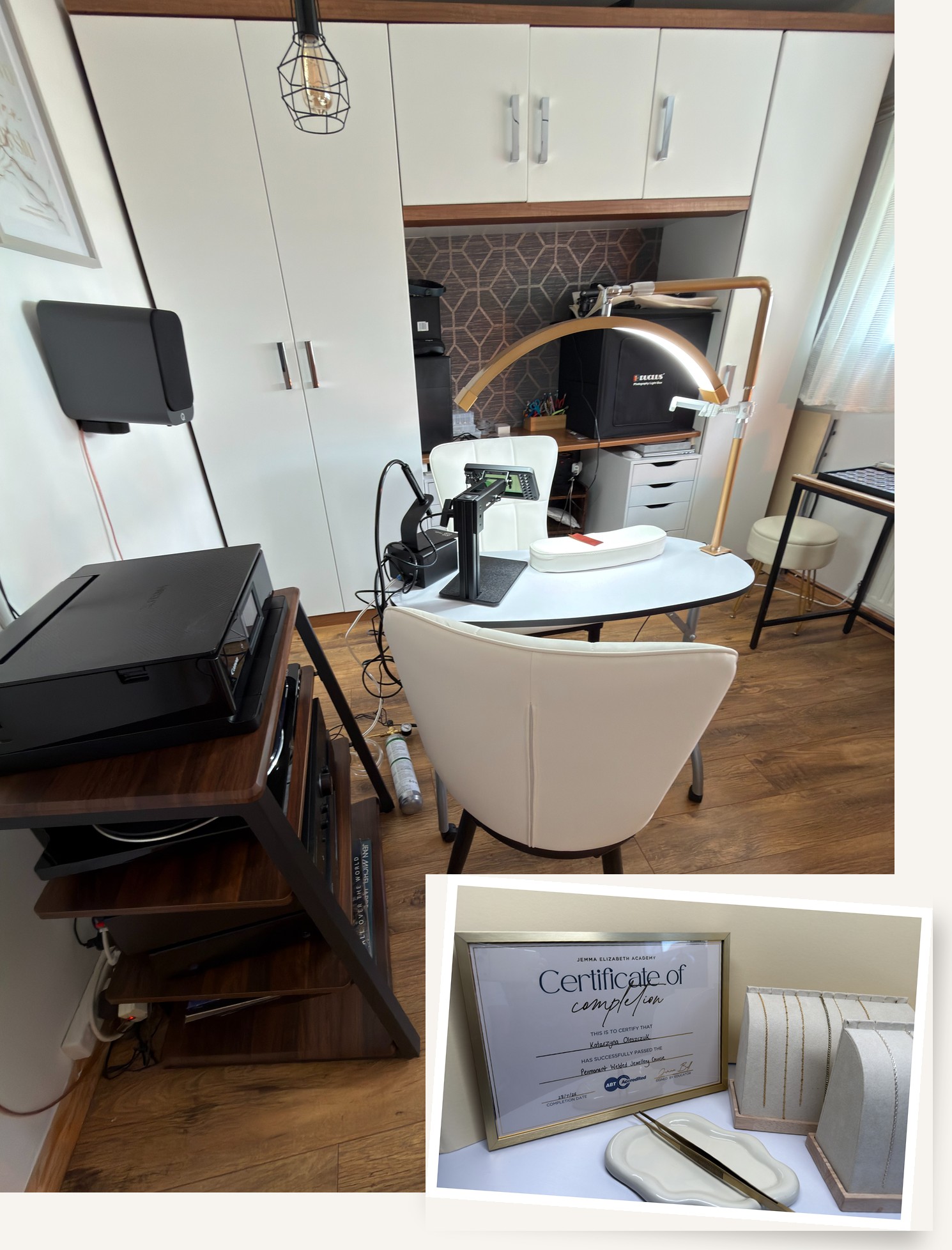 Kasia's private permanent jewellery studio in Carlisle, with her ABT Accredited Permanent Welded Jewellery certificate